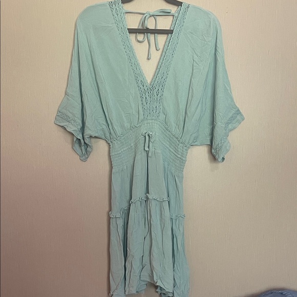 lovestitch Dresses & Skirts - Lovestitch small blue lace crochet smocked dress rayon v neck tie back